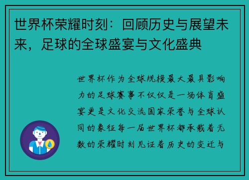 世界杯荣耀时刻：回顾历史与展望未来，足球的全球盛宴与文化盛典